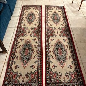 Vintage Medallion Runner Rugs Set Of 2 2'7" x 7'10" Each Red Navy Beige